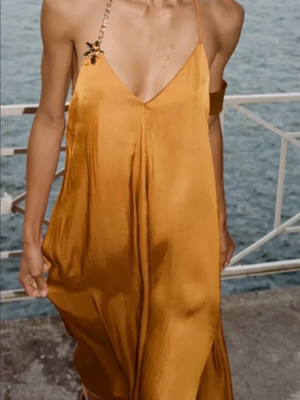 Zara Golden Slip Maxi Dress with Chain Halter